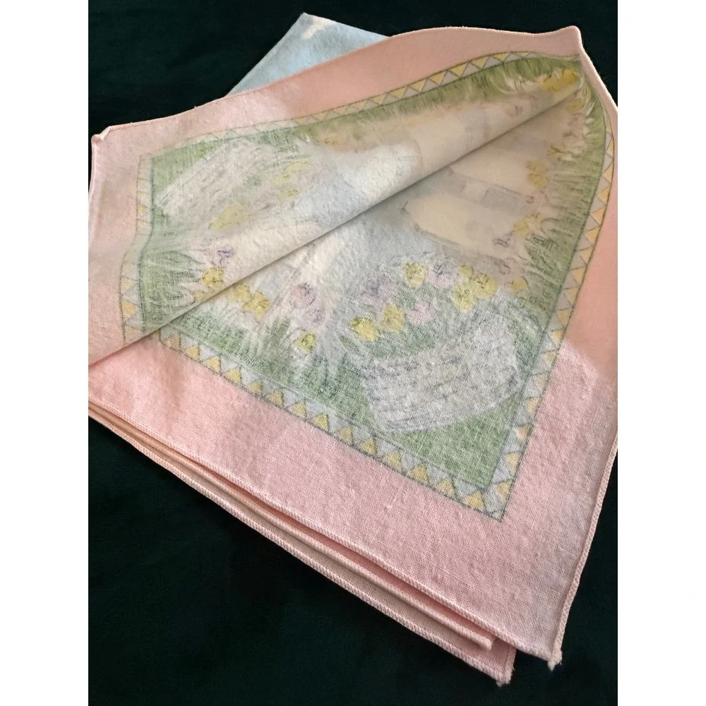 Vintage Pastel Garden Picnic Napkins Set‎ of 3 Pink Blue White Fence Floral 16in